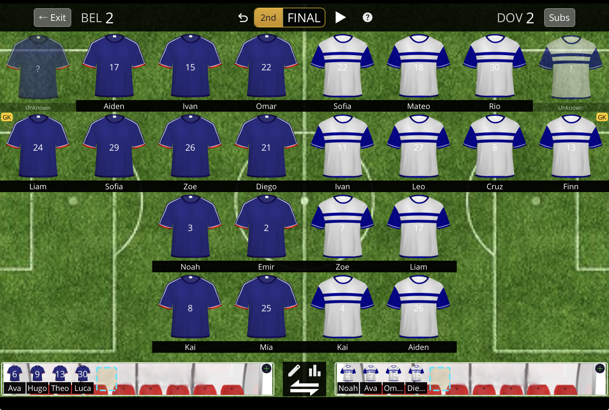 uTrack soccer game manager showing both teams on the field, score, and substitution bench